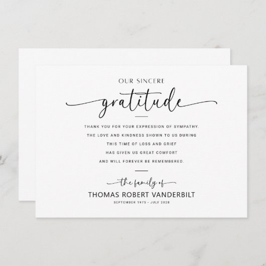 Klassieke wit en zwart minimalistische begrafenis bedankkaart (Voorkant / Achterkant)