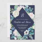 Klassieke witte bloemen marinediamant bruiloft kaart (Voorkant)