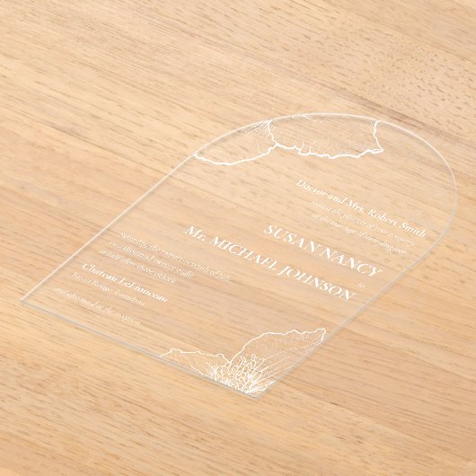 Klassieke Witte Clematis Line Art Formele bruiloft Acryl Uitnodigingen (Laagn)