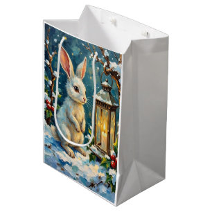 Klassieke Witte Konijn met Kerstlantaarn Medium Cadeauzakje