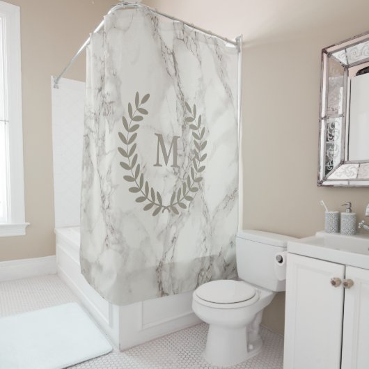 Klassieke witte marmer met Taupe Laurels Custom Douchegordijn (In situ)