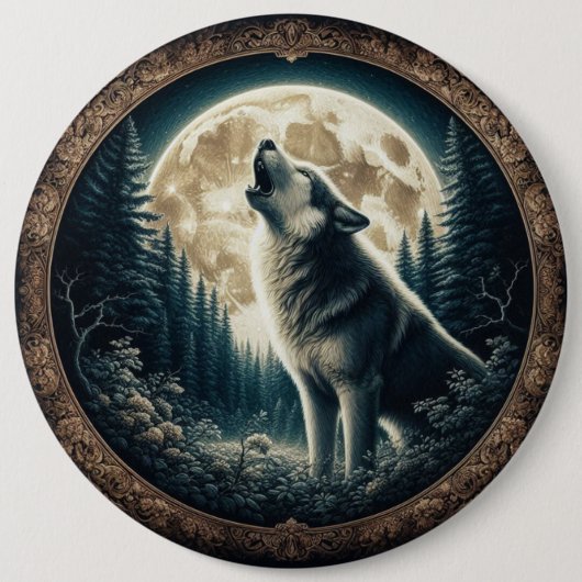 Klassieke,  wolf & moon ronde button 6,0 cm (Voorkant)