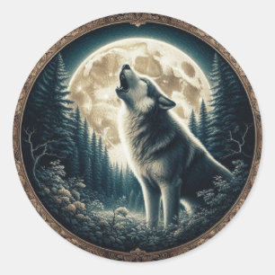 Klassieke,  wolf & moon ronde sticker