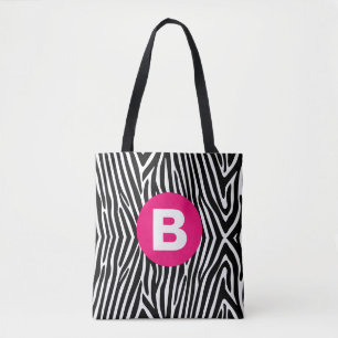 Klassieke zebra strepen helder roze monogram draagtas