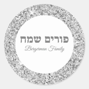 Klassieke zilveren glitter Hebreeuws Happy Purim Ronde Sticker