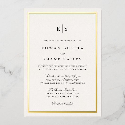 Klassieke Zwart & Ecru Grens Monogram Bruiloft Folie Uitnodiging (Voorkant)