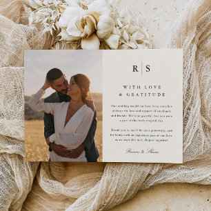 Klassieke zwart & ecru monogram bruiloft foto bedankkaart