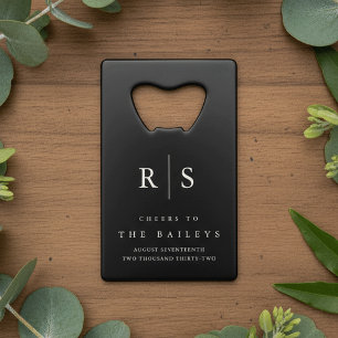 Klassieke zwart & Ecru Monogram bruiloft Kredietkaart Flessenopener