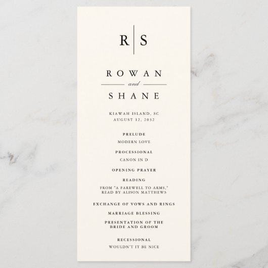 Klassieke zwart & Ecru Monogram bruiloft Programma (Voorkant)