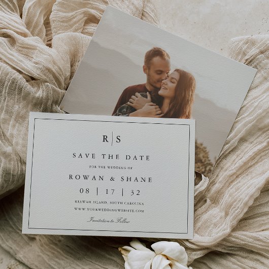 Klassieke zwart & Ecru Monogram Horizontale Foto Save The Date