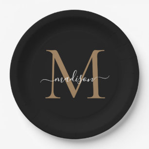 Klassieke Zwart Goud Monogram Modern Script Naam Papieren Bordje