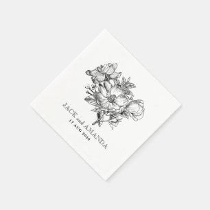 Klassieke Zwart-Wit Bloem Tekening Trouwfeest Servet