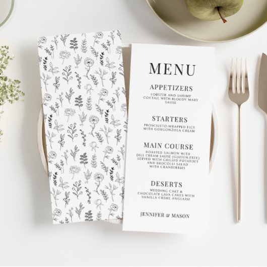 Klassieke zwart wit bloemenbruiloft menukaarten