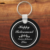 Klassieke Zwart & Wit Happy Retirement Sleutelhanger (Voorkant)
