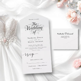 Klassieke zwart-wit kalligrafie script bruiloft all in one uitnodiging