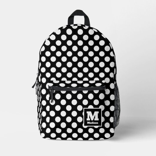Klassieke Zwart-wit Polka Dots Monogram Naam Bedrukte Rugzak (Voorkant)