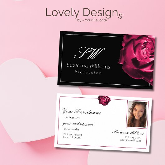 Klassieke Zwart-Wit Rode Roos Initialen Foto Visitekaartje