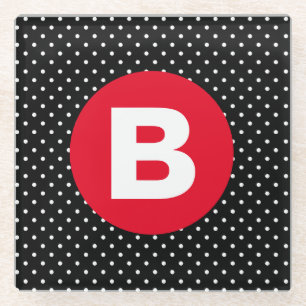 Klassieke zwart-wit stippen met rode monogram glazen onderzetter