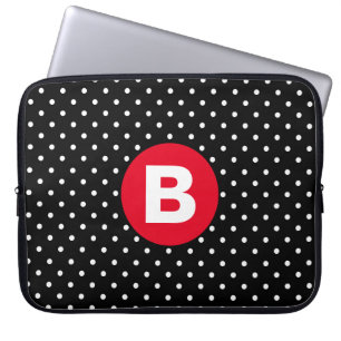 Klassieke zwart-wit stippen met rode monogram laptop sleeve