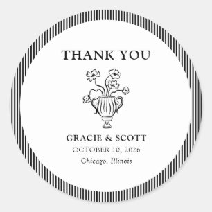 Klassieke Zwart & Wit Stripe Wedding Dank u Ronde Sticker