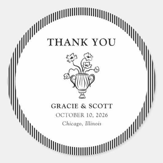 Klassieke Zwart & Wit Stripe Wedding Dank u Ronde Sticker (Voorkant)