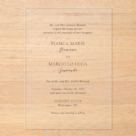 Klassieke zwart-wit tijdloze bruiloft acryl uitnodigingen (Voorkant)