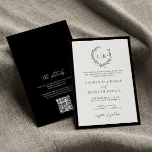 Klassieke Zwart Witte Monogram QR Code Huwelijk  Kaart