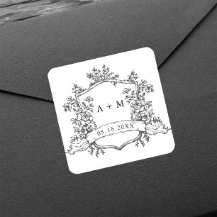 Klassieke zwarte en witte bloemenkroonmonogrammen vierkante sticker