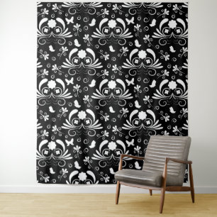 Klassieke Zwarte en Witte Damast Bloemrijke Vlinde Wandkleed