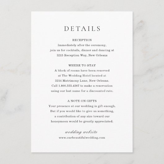 Klassieke zwarte en witte legante bruiloft informatiekaartje (Voorkant)