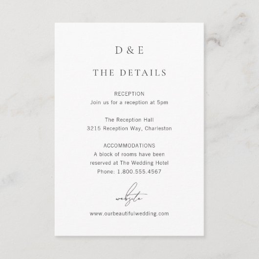 Klassieke zwarte en witte legante bruiloft informatiekaartje (Voorkant)