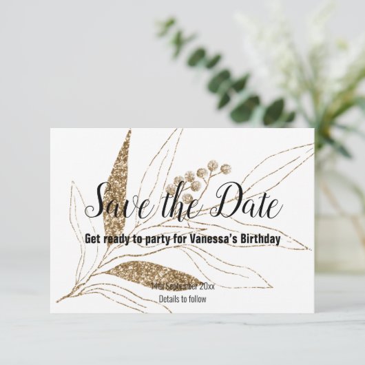 KLASSIEKE ZWARTE GOUDEN BLAADPRINT OPSPARINGSDATUM RSVP KAARTJE (Staand voorkant)