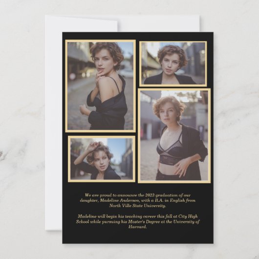 Klassieke Zwarte Gouden Foto Afstuderen Aankondiging (Achterkant)