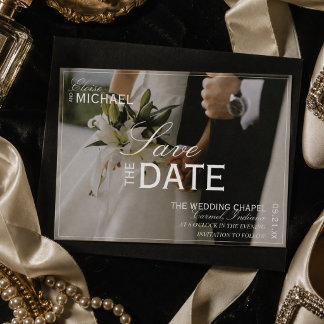 Klassieke Zwarte Redactionele Foto Save the Date Aankondigingskaart