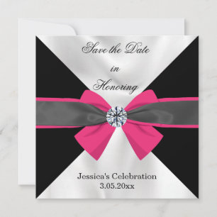Klassieke zwarte & witte draperie met magenta bow save the date