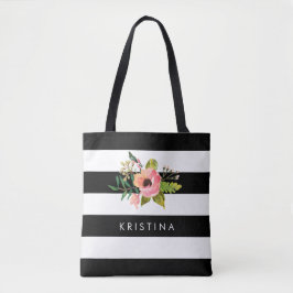 Klassieke Zwarte Witte Strepen Bloemen Winkeltas Tote Bag