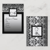 KLASSY BLACK EN SILVER DAMASK SQUARE MONOGRAM VISITEKAARTJE (Voorkant / Achterkant)
