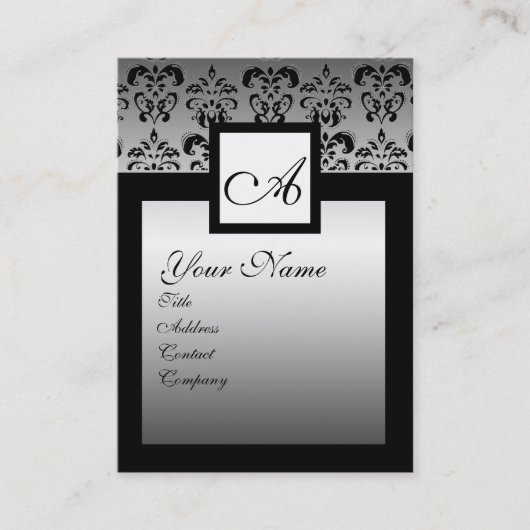 KLASSY BLACK EN SILVER DAMASK SQUARE MONOGRAM VISITEKAARTJE (Voorkant)