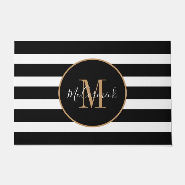 Klaszwart en witte strips Gold-monogram Deurmat (Voorkant)