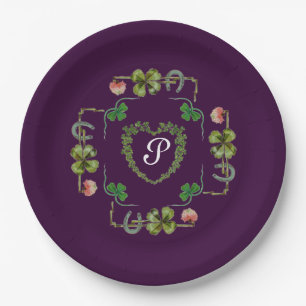 KLAVERHART,BLOEM,GROENE BLOEMEN MONOGRAM Paars Papieren Bordje