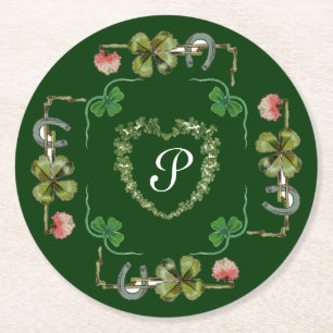 KLAVERHART,ROZE BLOEMEN,GROEN FLORAL MONOGRAAM RONDE KARTONNEN ONDERZETTER