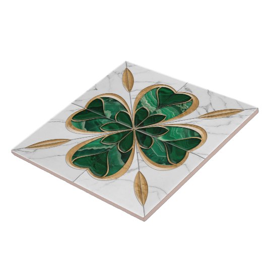 Klavertje met vier bladeren - Groen en Wit Marmer Tegeltje (Zijkant)