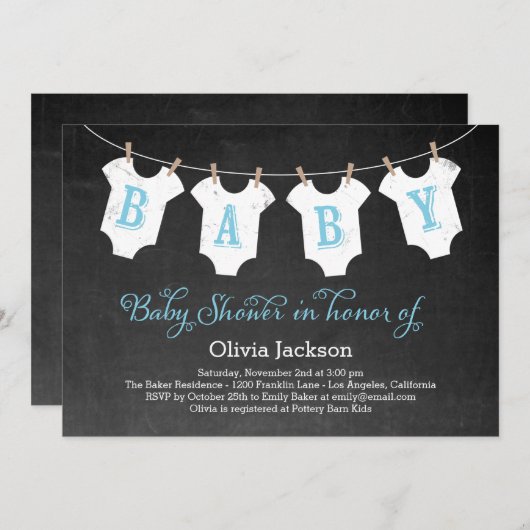 Kleding Uitnodiging Baby shower Garland - blauw (Voorkant / Achterkant)
