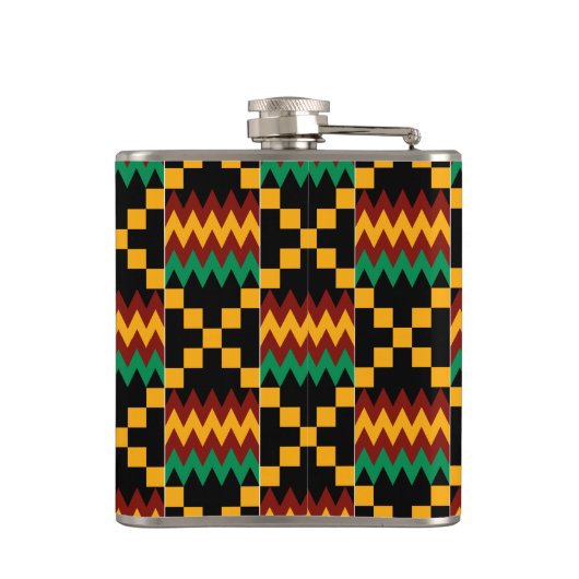 Kleding van zwart, groen, rood en geel heupfles (Achterkant)