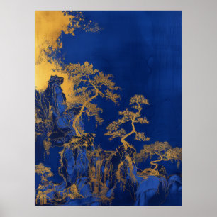 Klein Blauw Chinees Borduurwerk Ambacht van Goud P Poster