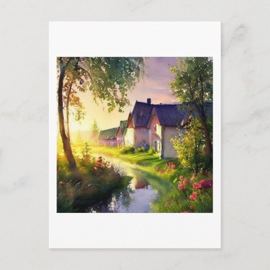 klein dorpje bij een stroom briefkaart (Voorkant)