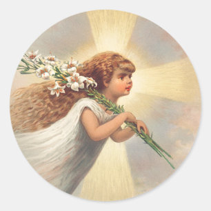 Klein engeltje dat lelies vasthoudt ronde sticker