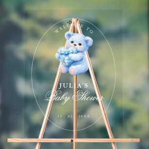 Klein Hart Blauw Gingham Teddybeer Baby Shower Acryl Bord