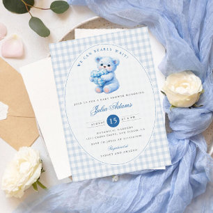 Klein Hart Blauw Gingham Teddybeer Baby Shower Kaart