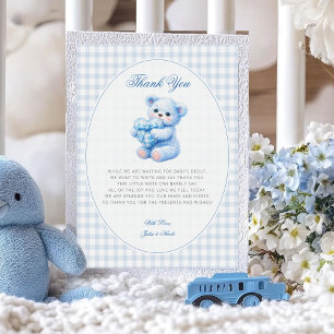 Klein Hart Blauw Gingham Teddybeer Baby Shower Kaart